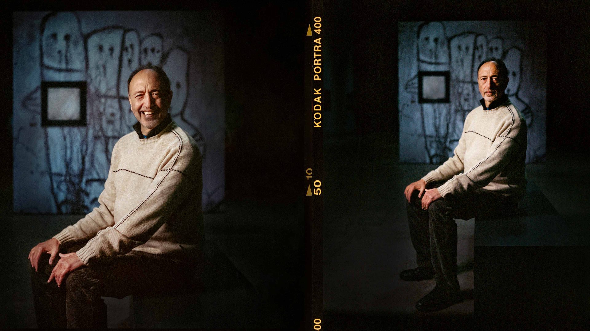 roger ballen sits on a chair with his hands on his knees in a series of photos