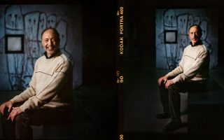 roger ballen sits on a chair with his hands on his knees in a series of photos