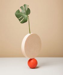a circular nude stone sits ontop of a small orange stone with a leaf