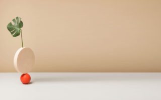 a circular nude stone sits ontop of a small orange stone with a leaf