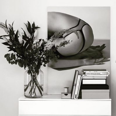 Framed picture of female nude with books and flowers on shelf