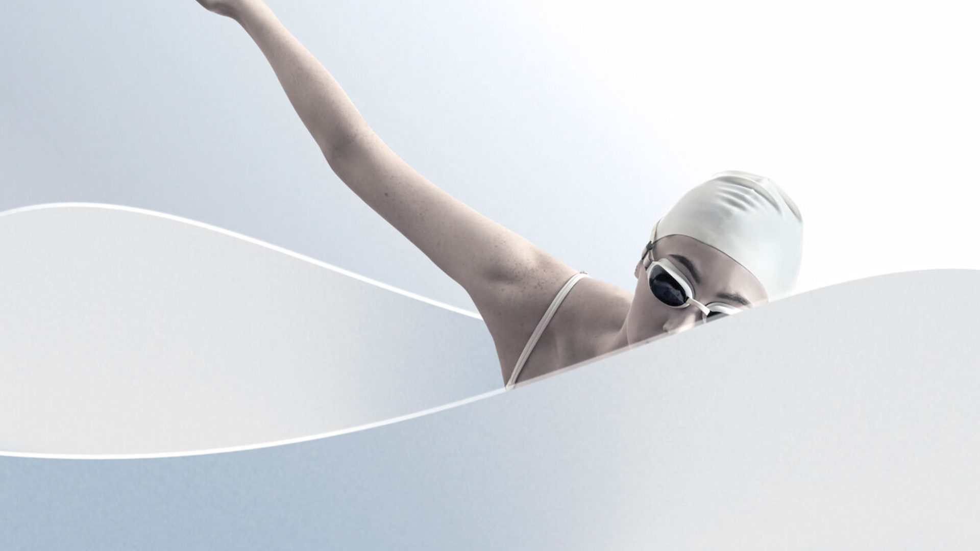 A female model poses as a swimmer in a white tub