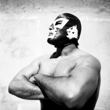 Mexican wrester Dr Wagner Jr poses wearing his mask in profile