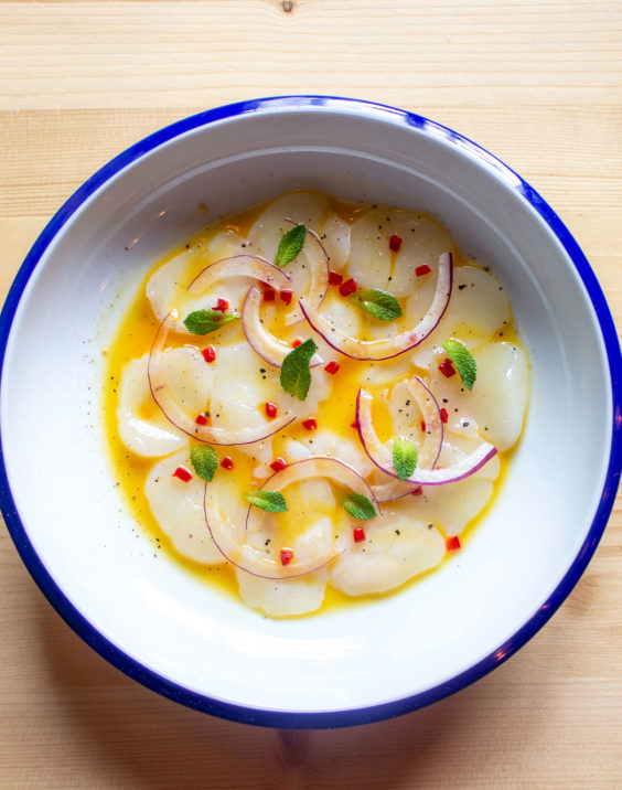 Bowl of scallop ceviche in a white bowl with blue rim