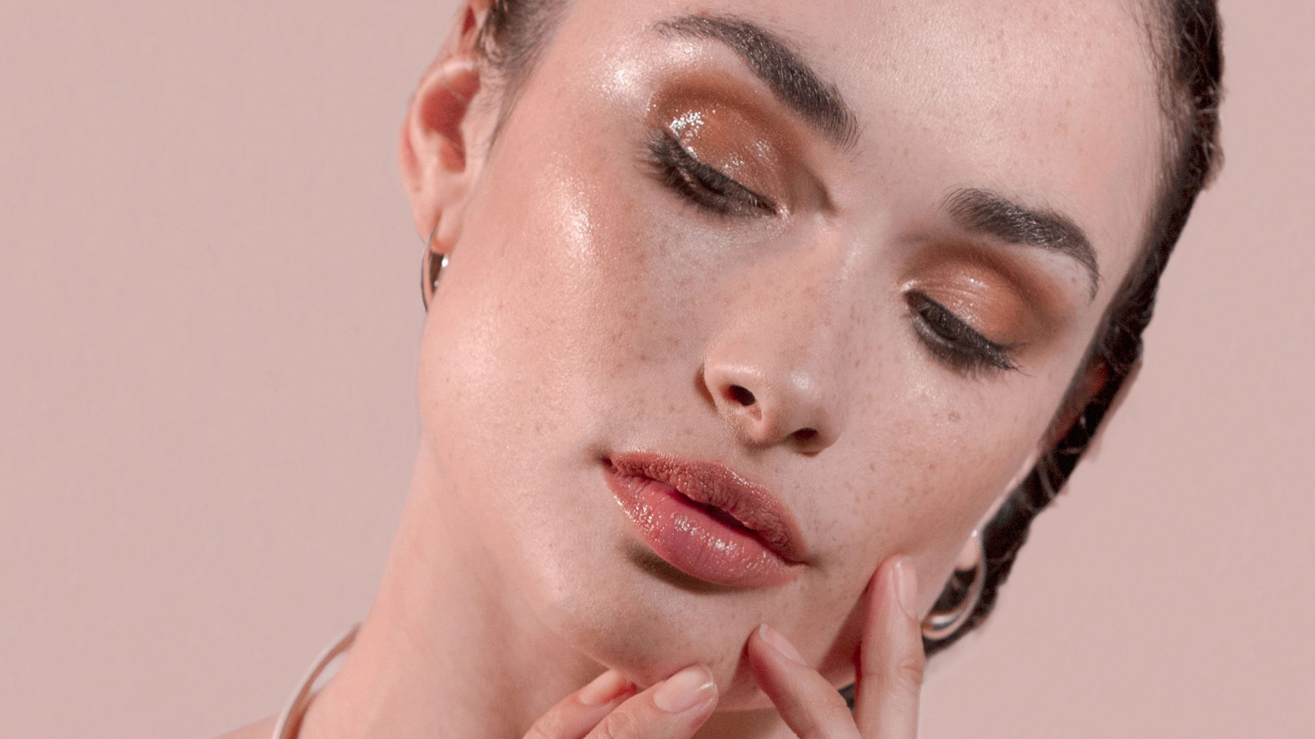 Closeup of models face and hands