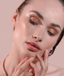 Closeup of models face and hands