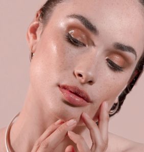 Closeup of models face and hands
