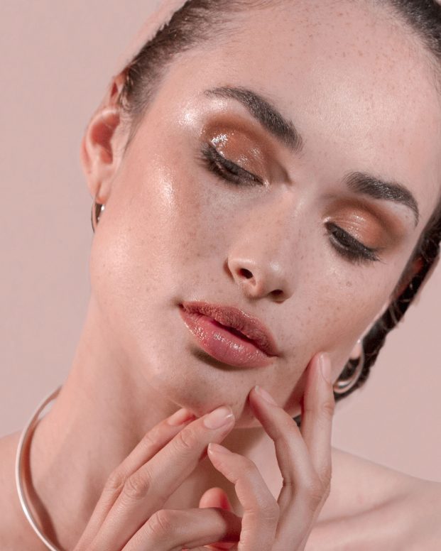 Closeup of models face and hands