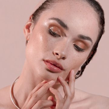 Closeup of models face and hands