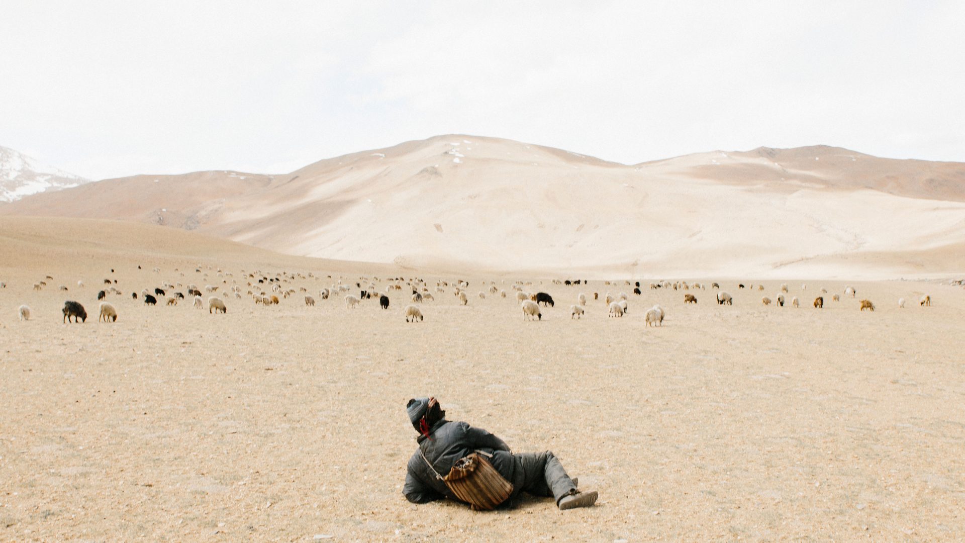 Young Kashmirin boy lies in a dessert looking at mountains
